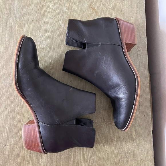 Cole Haan Black Leather Ankle Booties with Wooden Block Heel Moto Boots Slip On - Picture 7 of 9